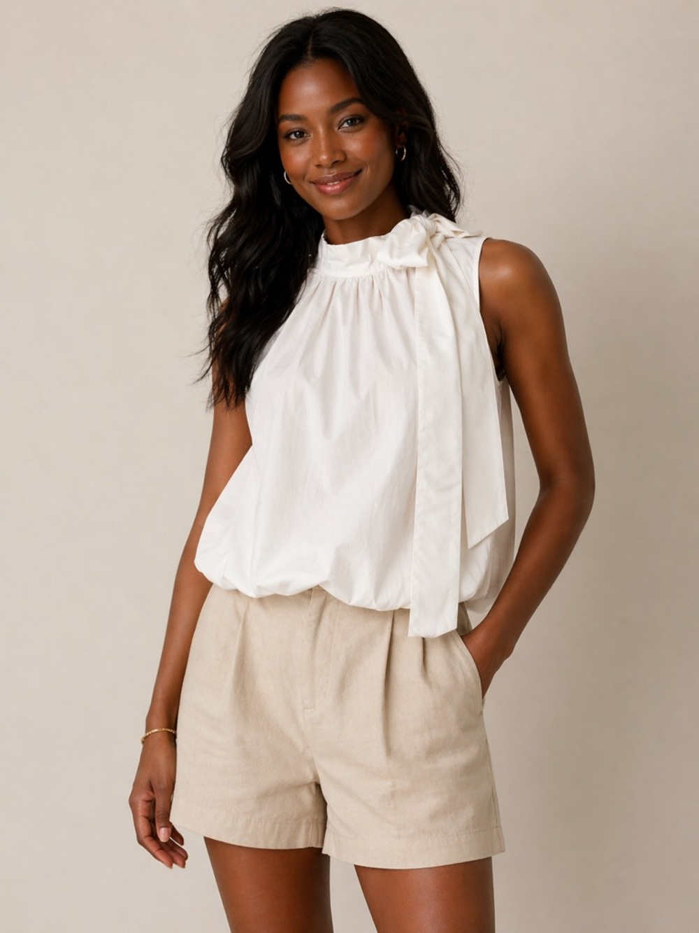 Lizette Collection White Sleeveless High Bow  Tie-Neck Balloon Hem Blouse XL